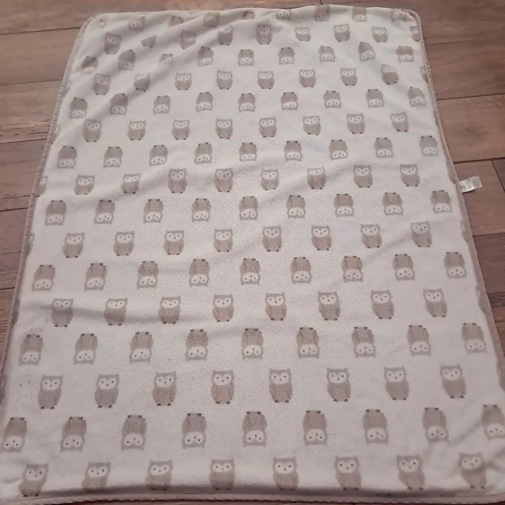Carter's Owl Baby Blanket Security Lovey Sherpa Brown Gray Tan‎ brown Cream READ